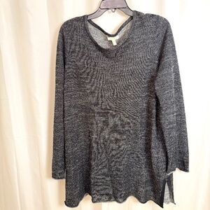 Eileen Fisher Black White Organic Cotton Linen Knit Pullover Sweater L Oversized